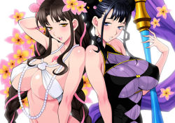 Rule 34 | 2girls, arm behind head, bare shoulders, bikini, black hair, black one-piece swimsuit, blush, braid, breasts, chest tattoo, cleavage, facial mark, fate/grand order, fate (series), flower, forehead mark, gold trim, hair flower, hair ornament, hair up, jewelry, large breasts, long hair, looking at viewer, multicolored hair, multiple girls, murasaki shikibu (fate), murasaki shikibu (swimsuit rider) (fate), murasaki shikibu (swimsuit rider) (first ascension) (fate), navel, necklace, one-piece swimsuit, oversized object, parted bangs, pearl necklace, pen, pink hair, purple eyes, purple hair, sessyoin kiara, sessyoin kiara (swimsuit mooncancer), sessyoin kiara (swimsuit mooncancer) (first ascension), shell, shell necklace, streaked hair, swimsuit, tattoo, twin braids, underboob, very long hair, white bikini, yellow eyes, yukiyanagi