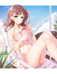 Rule 34 | 1girl, :o, absurdres, beach chair, bikini, blue eyes, brown hair, cloud, cloudy sky, commentary, cup, day, earrings, feet out of frame, flower, food, frilled bikini, frills, hair flower, hair ornament, halterneck, highres, holding, holding cup, ice cream, idolmaster, idolmaster cinderella girls, jewelry, koyo akio, leaning back, legs, looking at viewer, medium hair, outdoors, parted lips, pink bikini, pink flower, sakuma mayu, sitting, sky, solo, sparkle, swimsuit, wind