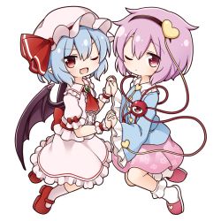 Rule 34 | 2girls, blue hair, blue shirt, commentary request, demon wings, from side, full body, hairband, highres, holding hands, komeiji satori, mary janes, multiple girls, one eye closed, open mouth, pink footwear, pink skirt, pointy ears, purple hair, red eyes, red footwear, remilia scarlet, shirt, shoes, short hair, simple background, skirt, slippers, smile, socks, suwa yasai, third eye, touhou, white background, white footwear, white headwear, white shirt, white skirt, wings