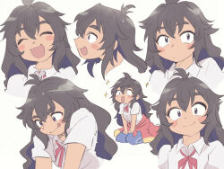 Rule 34 | 1girl, :q, ahoge, black hair, blue eyes, blue pants, blush stickers, closed eyes, closed mouth, clothes around waist, cropped torso, dark-skinned female, dark skin, do it yourself!!, dress shirt, expressions, frown, kneeling, kouki kokoro, long hair, messy hair, multiple views, neck ribbon, open mouth, pants, red ribbon, ribbon, shirt, smile, sparkle, tongue, tongue out, track pants, tsubobot, white shirt