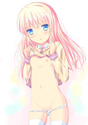 Rule 34 | 1girl, blonde hair, blue eyes, blush, bow, bow panties, breasts, clothes lift, collared shirt, commentary request, cowboy shot, dutch angle, groin, hair between eyes, lifting own clothes, long sleeves, looking at viewer, navel, nipples, original, panties, panty pull, parted lips, shihou haru, shirt, shirt lift, simple background, small breasts, solo, thighhighs, underwear, white background, white panties, white thighhighs, yellow shirt