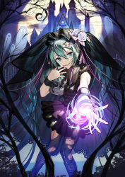 Rule 34 | 1girl, beads, black nails, boots, castle, commentary, energy ball, full moon, ghost, green eyes, green hair, halloween, hand to own mouth, hatsune miku, hatsune miku graphy collection, highres, holding, holding skull, jewelry, kitada mo, knee boots, long hair, mansion, moon, nail polish, night, open mouth, outdoors, outstretched arm, pantyhose, ring, skirt, skull, skull ring, solo, torn clothes, torn pantyhose, twintails, veil, very long hair, vocaloid, wrist cuffs