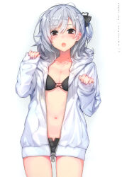 Rule 34 | 1girl, :o, absurdres, amagai tarou, antenna hair, bikini, bikini top only, black bikini, black ribbon, black shorts, blush, breasts, brown eyes, cleavage, collarbone, cowboy shot, drawstring, grey hair, hair ribbon, highres, hood, hood down, hoodie, long sleeves, looking at viewer, medium breasts, medium hair, nail polish, navel, non-web source, one side up, open clothes, open fly, open hoodie, open mouth, original, purple nails, ribbon, short shorts, shorts, signature, simple background, sleeves past wrists, solo, standing, stomach, swept bangs, swimsuit, unbuttoned, unzipped, white background, zipper pull tab