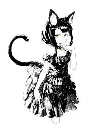 Rule 34 | 1girl, animal ear fluff, animal ears, bare shoulders, black dress, black hair, blunt bangs, cat ears, cat tail, choker, collarbone, commentary request, dress, frilled dress, frills, greyscale, halterneck, hand on own chest, highres, jaco, layered dress, looking at viewer, monochrome, off-shoulder dress, off shoulder, original, short hair, simple background, skirt, skirt hold, sleeveless, slit pupils, solo, spot color, tail, upper body, white background, yellow eyes