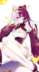 Rule 34 | 1girl, absurdres, azur lane, bad id, bad pixiv id, bare shoulders, breasts, chao ho (azur lane), china dress, chinese clothes, cleavage, closed mouth, cone hair bun, convenient leg, detached sleeves, dress, frilled sleeves, frills, frown, gold trim, hair bun, hair ears, hand on own cheek, hand on own face, highres, long hair, long sleeves, looking at viewer, medium breasts, multicolored hair, myao (o3o333), purple eyes, purple hair, shoes, solo, thighhighs, thighs, twintails, two-tone hair, white background, white hair, white thighhighs, wide sleeves
