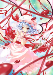 Rule 34 | 1girl, achunchun, bad id, bad pixiv id, blood, blue hair, blurry, checkerboard cookie, chun (friendly sky), cookie, cup, depth of field, embellished costume, fang, female focus, floating, floating object, food, frills, hat, pink theme, red eyes, remilia scarlet, ribbon, short hair, skirt, skirt set, smile, solo, sweets, teacup, touhou, wavy hair, wings