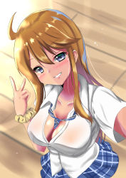 Rule 34 | 1girl, absurdres, ahoge, between breasts, blue eyes, blue skirt, blush, breasts, brown hair, cleavage, commentary request, eagle tomcat, highres, idolmaster, idolmaster million live!, large breasts, long hair, looking at viewer, necktie, necktie between breasts, one eye closed, outstretched arm, school uniform, shirt, skirt, solo, swept bangs, tokoro megumi