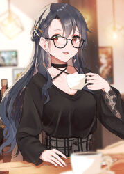 Rule 34 | 1girl, absurdres, black hair, black shirt, blurry, blurry background, collarbone, commentary request, cup, earrings, flower earrings, glasses, hair ornament, hairclip, high-waist skirt, highres, holding, holding cup, idolmaster, idolmaster million live!, izuminnu, jewelry, light blush, light smile, lipstick, long hair, long sleeves, looking at viewer, makeup, nail polish, purple nails, red eyes, shirt, sitting, skirt, solo, takayama sayoko