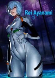 Rule 34 | 1girl, asdj, ayanami rei, bandages, bandage over one eye, bandaged head, bandages, blue hair, bodysuit, breasts, character name, clip studio paint (medium), covered navel, cowboy shot, hairpods, highres, interface headset, neon genesis evangelion, plugsuit, red eyes, skin tight, small breasts, solo, standing, wading, white bodysuit