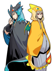 Rule 34 | 2boys, cape, character request, charizard, charizard (cosplay), closed mouth, cosplay, creatures (company), dragon tail, dragon wings, fire, flame-tipped tail, game freak, gen 1 pokemon, gintama, hangleing, hood, hooded cape, japanese clothes, kimono, long hair, long sleeves, looking at viewer, male focus, mega pokemon, multiple boys, nintendo, pokemon, pokemon tail, red eyes, simple background, smile, standing, tail, white background, wings