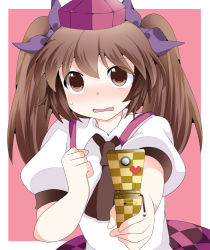 Rule 34 | 1girl, blush, bow, brown eyes, brown hair, cellphone, cellphone charm, cellphone strap, charm (object), checkered clothes, checkered skirt, female focus, hair bow, hammer (sunset beach), hat, himekaidou hatate, long hair, necktie, phone, simple background, skirt, solo, tokin hat, touhou, twintails