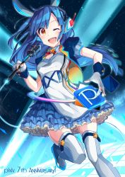 Rule 34 | 1girl, blue hair, brown eyes, dress, fingerless gloves, gloves, highres, long hair, microphone, nou (nounknown), one eye closed, open mouth, original, pixiv-tan, solo, symbol-shaped pupils, thighhighs, white thighhighs, zettai ryouiki