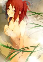 Rule 34 | 1girl, absurdres, akinashi yuu, barefoot, bathing, between thighs, blush, breasts, cleavage, covering privates, highres, large breasts, long hair, nude, nude cover, one side up, onsen, parted lips, partially submerged, red eyes, red hair, scan, sitting, solo, steam, sweatdrop, towel, wariza, water