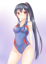 Rule 34 | 10s, 1girl, arms behind back, bad id, bad pixiv id, bare arms, black hair, blush, breasts, brown eyes, collarbone, competition swimsuit, cowboy shot, doyachii, eyebrows, frown, gradient background, highres, kantai collection, long hair, looking at viewer, medium breasts, one-piece swimsuit, ponytail, purple background, simple background, solo, swimsuit, very long hair, yahagi (kancolle)