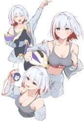 Rule 34 | 1girl, absurdres, alternate costume, blush, breasts, cleavage, closed eyes, colored inner hair, crop top, grey hair, grey sports bra, hair ornament, hairclip, hashtag-only commentary, highres, honkai: star rail, honkai (series), medium breasts, medium hair, multicolored hair, numby (honkai: star rail), open mouth, purple eyes, red hair, ryz (ujrn7248), smile, solo, split-color hair, sports bra, streaked hair, topaz (honkai: star rail), trotter (honkai: star rail), two-tone hair, white background