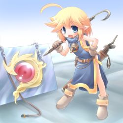 Rule 34 | 1girl, ahoge, belt, blonde hair, blue eyes, blush, chain, fairy, fang, flat chest, gloves, hand on own hip, kso, leaning forward, meyuu (kso), open mouth, original, pointy ears, shoes, short hair, side slit, solo, standing
