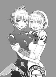 Rule 34 | 2girls, aegis (persona), android, atlus, bow, breast press, breasts, greyscale, joints, metis (persona), monochrome, multiple girls, persona, persona 3, robot joints, shadowthorn, symmetrical docking