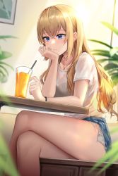 Rule 34 | 1girl, bad id, bad pixiv id, bare legs, blonde hair, blue eyes, blue shorts, blush, bra visible through clothes, breasts, closed mouth, copyright request, crossed legs, cup, dano, denim, denim shorts, drink, drinking glass, drinking straw, feet out of frame, hand on own chin, highres, indoors, jewelry, large breasts, legs, long hair, looking away, looking down, necklace, official art, plant, short shorts, short sleeves, shorts, sitting, solo, table, thighs