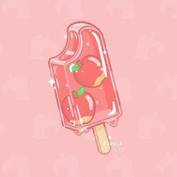 Rule 34 | animal crossing, apple, artist name, bubble, commentary, dripping, english commentary, food, food focus, fruit, jasmine (atrela.designs), leaf, leaf background, nintendo, no humans, patterned background, popsicle, popsicle stick, red background, sparkle, still life, watermark