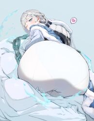 Rule 34 | 1girl, absurdres, akershus fortress (oshiro project), ass, blue eyes, blush, breasts, butsu menhou, cameltoe, capelet, from behind, highres, huge ass, large breasts, long hair, one eye closed, open mouth, oshiro project:re, pants, pantylines, second-party source, solo, stuck, sweatdrop, wince