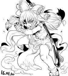 Rule 34 | 1girl, arm up, borrowed clothes, bow, closed mouth, cookie (touhou), dated, footwear bow, full body, greyscale, hair bow, holding, holding sword, holding weapon, ibuki suika, katana, long hair, looking at viewer, low-tied long hair, medium bangs, monochrome, no horns, pointy ears, shirt, shoes, simple background, skirt, socks, solo, standing, sword, tetugakuzonbi, torn clothes, torn sleeves, touhou, v-shaped eyebrows, weapon, yamin (cookie)