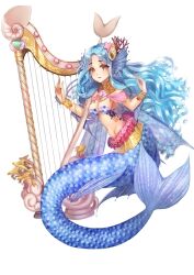 Rule 34 | 1girl, blue hair, breasts, bud (znehgneh2), fins, frills, hair ornament, harp, head fins, instrument, long hair, medium breasts, mermaid, monster girl, navel, original, scales, simple background, solo, wavy hair, white background