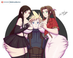 Rule 34 | 1boy, 2girls, aerith gainsborough, ass, ass grab, blonde hair, breast smother, breasts, brown hair, cleavage, cloud strife, dress, face to breasts, final fantasy, final fantasy vii, final fantasy vii remake, girl sandwich, hetero, huge ass, large breasts, midriff, multiple girls, plump, sandwiched, skirt, smile, suspenders, tank top, tifa lockhart