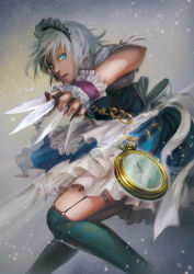 Rule 34 | 1girl, action, alternate eye color, apron, aqua eyes, between fingers, black legwear, blue dress, bow, braid, broken, broken chain, chain, dress, frilled apron, frills, garter straps, hair bow, holding, holding knife, iroai midodo, izayoi sakuya, knife, knives between fingers, light particles, lips, looking at viewer, looking to the side, maid, maid apron, maid headdress, motion blur, nose, open mouth, pocket watch, roman numeral, short dress, short hair, short sleeves, silver hair, solo, sparkle, teeth, thighs, time, touhou, twin braids, watch, wrist cuffs