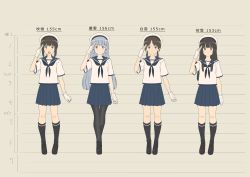 Rule 34 | 10s, 4girls, absurdres, alternate costume, arm up, black footwear, black hair, black socks, blouse, blue eyes, blue hair, blue skirt, blunt bangs, blush, brown eyes, brown hair, character name, chart, closed mouth, commentary request, expressionless, female focus, flat color, fubuki (kancolle), full body, gloves, hair ornament, hat, hatsuyuki (kancolle), height chart, highres, kantai collection, key kun, kii kun, kneehighs, long hair, looking at viewer, low twintails, multiple girls, murakumo (kancolle), neckerchief, open mouth, pantyhose, pleated skirt, salute, school uniform, serafuku, shirayuki (kancolle), shirt, shoes, short sleeves, short twintails, sidelocks, skirt, smile, socks, standing, twintails, white gloves, white shirt