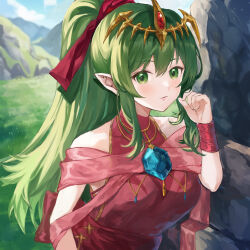 Rule 34 | 1girl, bare shoulders, breasts, dress, female focus, fire emblem, fire emblem: mystery of the emblem, fire emblem awakening, fire emblem heroes, grass, green eyes, green hair, highres, jewelry, jurge, large breasts, long hair, matching hair/eyes, medium breasts, necklace, nintendo, official alternate costume, pink dress, pointy ears, ponytail, short dress, solo, stone, tiara, tiki (adult) (fire emblem), tiki (fire emblem), upper body