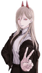 Rule 34 | 1girl, ajo cnsw, black jacket, black necktie, black pants, blonde hair, chainsaw man, collared shirt, cross-shaped pupils, formal, hair between eyes, highres, horns, jacket, long hair, looking at viewer, necktie, pants, parted lips, power (chainsaw man), red eyes, red horns, sharp teeth, shirt, shirt tucked in, simple background, solo, suit, suit jacket, symbol-shaped pupils, teeth, v, white background, white shirt