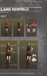 Rule 34 | alternate costume, boots, claire redfield, concept art, cowboy boots, denim, denim jacket, gun, gun holster, highres, jacket, official art, ponytail, popped collar, resident evil, short shorts, shorts, thigh boots, thighhighs, variations, weapon