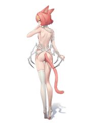 Rule 34 | 1girl, absurdres, animal ears, animal feet, ass, back, bandaged neck, bandages, blonde hair, blush, breasts, cat ears, cat girl, cat tail, from behind, highres, lingxia, looking back, multicolored hair, original, pink hair, red eyes, shadow, short hair, simple background, single thighhigh, small breasts, solo, streaked hair, tail, thighhighs, toeless legwear, white background, white thighhighs