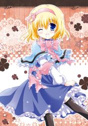 Rule 34 | 1girl, ;d, alice margatroid, bad id, bad pixiv id, black thighhighs, blonde hair, blue eyes, capelet, dress, female focus, hair ribbon, hairband, one eye closed, open mouth, ribbon, sash, smile, solo, thighhighs, touhou, white-brown, wink