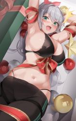 Rule 34 | 1girl, :d, absurdres, aqua eyes, armpits, arms behind head, arms up, bare shoulders, bauble, bikini, bikini top only, black bikini, black pants, bound, breasts, choyeon, christmas ornaments, cleavage, grey hair, hair ribbon, highleg, highres, large breasts, long hair, looking at viewer, lying, midriff, navel, on back, open mouth, original, pants, ponytail, red ribbon, restrained, ribbon, smile, solo, stomach, swimsuit, v-shaped eyebrows