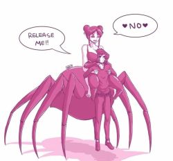 Rule 34 | 1boy, 1girl, arachne, arthropod girl, breasts, commentary, english commentary, english text, happy, heart, holding person, insect girl, large breasts, leena (luxuriass), luxu, monster girl, multiple eyes, multiple legs, original, pink background, silk, simple background, smile, spider girl, spider web, taur, text focus, upside-down, web, white background
