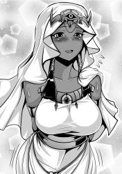 Rule 34 | 1girl, :d, absurdres, arms behind back, black hair, blush, breasts, circlet, collarbone, commentary, dark-skinned female, dark skin, egyptian, flying sweatdrops, forehead, greyscale, highres, ishizu ishtar, large breasts, low twintails, monochrome, open mouth, robe, sangyou haikibutsu a, smile, solo, sparkle, taut clothes, twintails, upper body, white hood, white robe, yu-gi-oh!