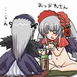 Rule 34 | 00s, 2girls, = =, akachouchin, alcohol, black dress, bonnet, bottle, bottomless, bowl, capelet, chibi, chibi only, convenient censoring, dress, flower, futaba channel, hairband, indian style, lolita hairband, long hair, lowres, midriff, multiple girls, navel, rose, rozen maiden, sidelocks, silver hair, simple background, sitting, suigintou, very long hair, white background