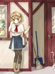 Rule 34 | 1girl, adapted costume, alice margatroid, alternate costume, ascot, bad id, bad pixiv id, bag, belt, blonde hair, blue eyes, boots, broom, brown pantyhose, capelet, cat, contemporary, door, doorknob, dustpan, female focus, hairband, hand on own face, highres, indoors, light smile, lispict, looking at viewer, pantyhose, plant, potted plant, shopping bag, short hair, short sleeves, skirt, solo, touhou, window