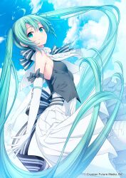 1girl aqua_eyes aqua_hair arms_behind_back back_bow blue_sky bow bowtie closed_mouth cloud cloudy_sky dress elbow_gloves floating_hair from_side gloves hatsune_miku highres huge_bow long_hair looking_at_viewer matsuuni miku_symphony_(vocaloid) official_art outdoors sky smile striped_bow striped_bowtie striped_clothes thighhighs twintails very_long_hair vocaloid white_dress white_gloves white_thighhighs