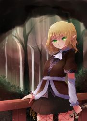 Rule 34 | 1girl, arano oki, arm support, ascot, blonde hair, green eyes, japanese clothes, mizuhashi parsee, pointy ears, ponytail, solo, touhou, straw doll