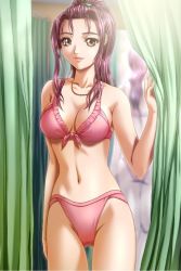 Rule 34 | 1girl, bikini, bow, bra, breasts, curtains, game cg, highres, ijichi miho, large breasts, lips, lipstick, makeup, open mouth, pink eyes, pink hair, purple hair, sodom no shima: night of blind, standing, swimsuit, underwear