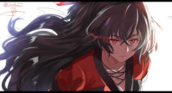 Rule 34 | 1girl, artist name, black hair, closed mouth, hair between eyes, isshiki (ffmania7), letterboxed, lips, long hair, looking at viewer, raven branwen, red eyes, rwby, sidelocks, signature, solo, twitter username, upper body, very long hair