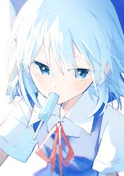 Rule 34 | 1girl, blue bow, blue dress, blue hair, blush, bow, cirno, collared shirt, dress, food, hair bow, highres, mouth hold, popsicle, red ribbon, ribbon, shirt, short hair, short sleeves, simple background, solo, suikario, touhou, upper body, white background, white shirt