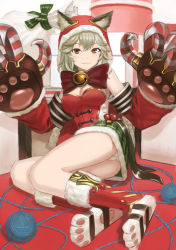 Rule 34 | 10s, 1girl, :3, animal ears, bodice, bow, bowtie, breasts, cat ears, cat tail, christmas, claw (weapon), claws, cleavage, collar, detached sleeves, ears through headwear, erune, fur trim, gloves, granblue fantasy, hair between eyes, long hair, looking at viewer, lying, medium breasts, miniskirt, panties, pantyshot, plaid, plaid skirt, sen (granblue fantasy), silver hair, skirt, smile, solo, tail, thighs, underwear, upskirt, wasabi60, weapon, white panties, yarn, yarn ball