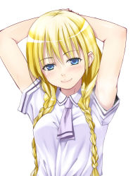 Rule 34 | 10s, 1girl, armpits, arms behind head, arms up, asobi asobase, blonde hair, blush, braid, breasts, closed mouth, hair between eyes, head tilt, highres, long hair, looking at viewer, medium breasts, olivia (asobi asobase), seductive smile, shirt, shizuku (artist), short sleeves, simple background, smile, solo, spicy, twin braids, upper body, very long hair, white background, white shirt