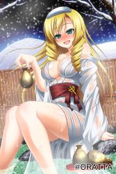 Rule 34 | 1girl, :d, absurdres, blonde hair, blush, bottle, breasts, cleavage, drill hair, drunk, highres, japanese clothes, kimono, large breasts, lipstick, long hair, looking at viewer, makeup, militia minpei, mole, mole under mouth, momohime ryouran! sengoku asuka, nail polish, official art, onsen, open mouth, original, red nails, sake bottle, see-through, sitting, smile, snow, snowing, soaking feet, solo, tokkuri, towel, towel on head, twin drills, water, wet, wet clothes, xavier (sengoku asuka), yukata