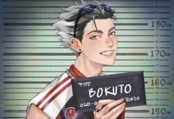 Rule 34 | 1boy, barbie mugshot (meme), black hair, bokuto koutarou, chain, chain necklace, character name, colored tips, commentary, english commentary, eyewear on head, gankedbyshipdom, grey hair, grin, haikyuu!!, hand up, height chart, highres, holding, jewelry, looking at viewer, male focus, meme, mugshot, multicolored hair, necklace, procreate (medium), ring, shirt, short hair, sleeveless, slit pupils, smile, solo, sunglasses, two-tone hair, upper body, very short hair, white shirt, yellow eyes