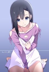 Rule 34 | 1girl, barefoot, between legs, black hair, blue background, blue eyes, breasts, camisole, camisole over clothes, camisole pull, cat cutout, cleavage, clothes pull, clothing cutout, collarbone, dated, hand between legs, highres, long sleeves, nii manabu, original, pulled by self, purple ribbon, purple shirt, ribbon, shirt, shoulder cutout, signature, sitting, small breasts, smile, solo, split mouth, wariza, white chemise