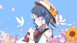 Rule 34 | 1girl, absurdres, ayaka (genshin impact), blue background, blue eyes, blue hair, blunt bangs, blush, book, braid, brown hat, butterfly hair ornament, commentary request, flower, genshin impact, hair flower, hair ornament, hat, hat flower, highres, holding, holding book, kamisato ayaka, kamisato ayaka (springbloom missive), long sleeves, looking to the side, mole, mole under eye, official alternate costume, pink flower, portrait, profile, seorang, short hair, sidelocks, smile, solo, sun hat, white flower, yellow flower